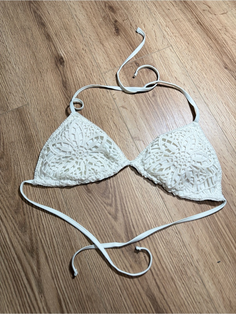 AERIE Crochet Triangle Bikini Top White Cream Tie String Size L